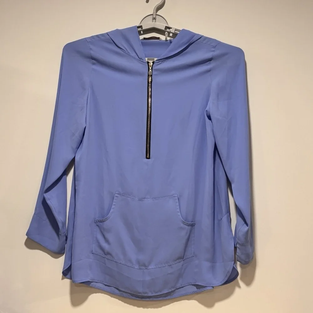 Soft Surroundings Blue Hooded Pullover‎ Tunic Top Kangaroo Pocket 1/2 Zip Medium